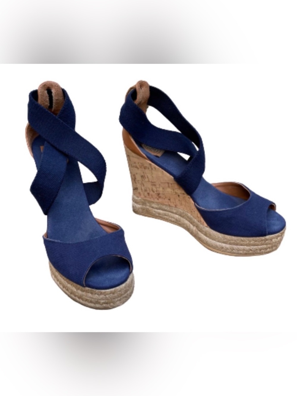Tory Burch Navy Canvas Espadrille Wedge Sandals - size 8